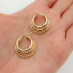 Load image into Gallery viewer, 14K Gold Smooth and Textured Triple Line Hollow Hoop Earrings