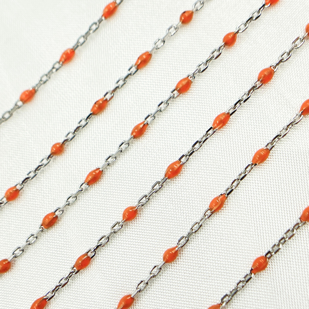 925 Sterling White Silver Enamel Orange Color Cable Chain. V203ORSS