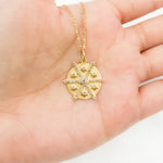 Load image into Gallery viewer, 14K Solid Gold Diamonds and Gemstones Circle Charm with Flowers between Arrows. GDP619