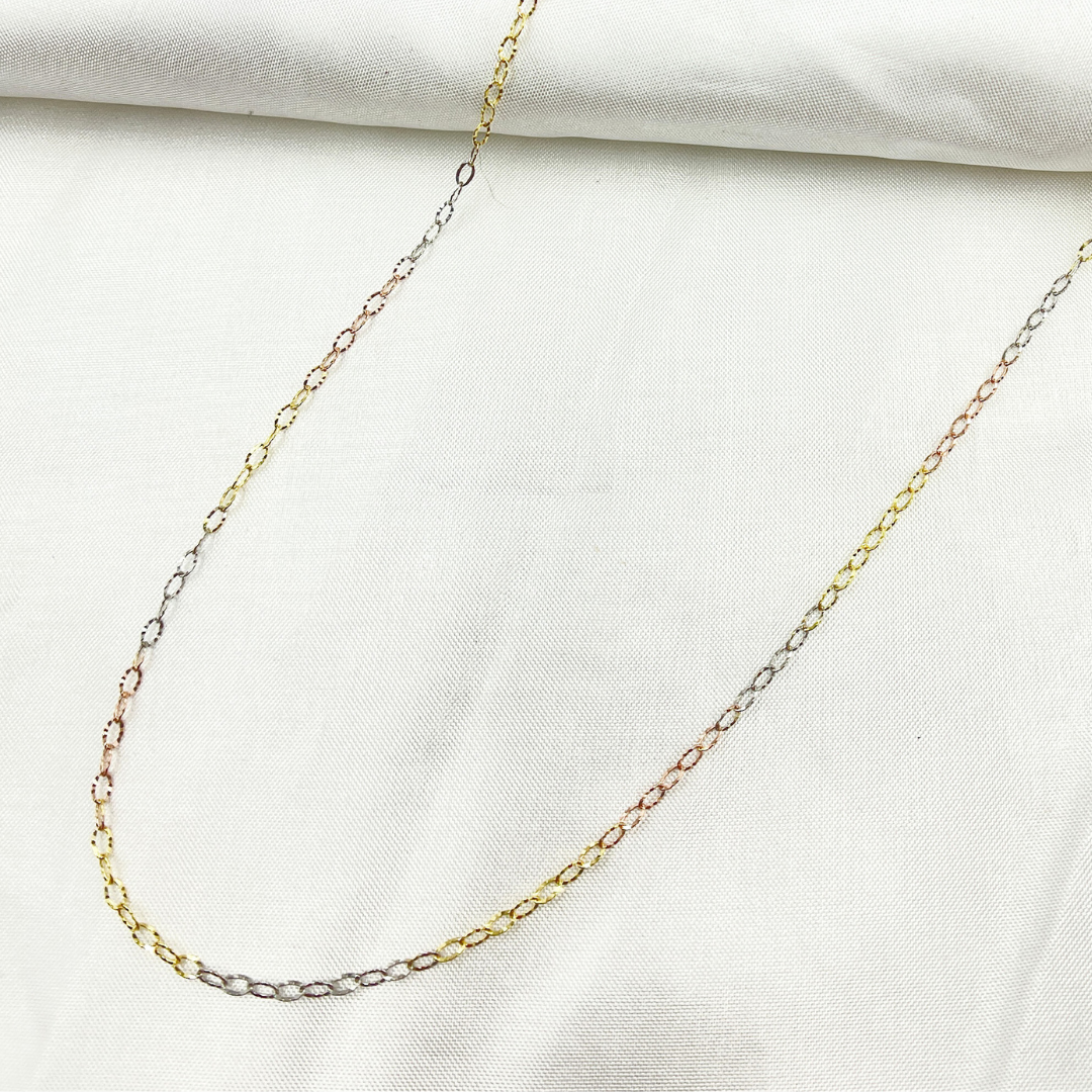 14k Solid Tri-Color Gold Diamond Cut Oval Link Chain. 030FVBF223H
