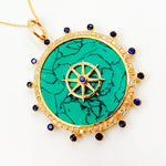 Load image into Gallery viewer, Buy Now 14K Gold Turquoise and Blue Sapphire Round Compass Pendant