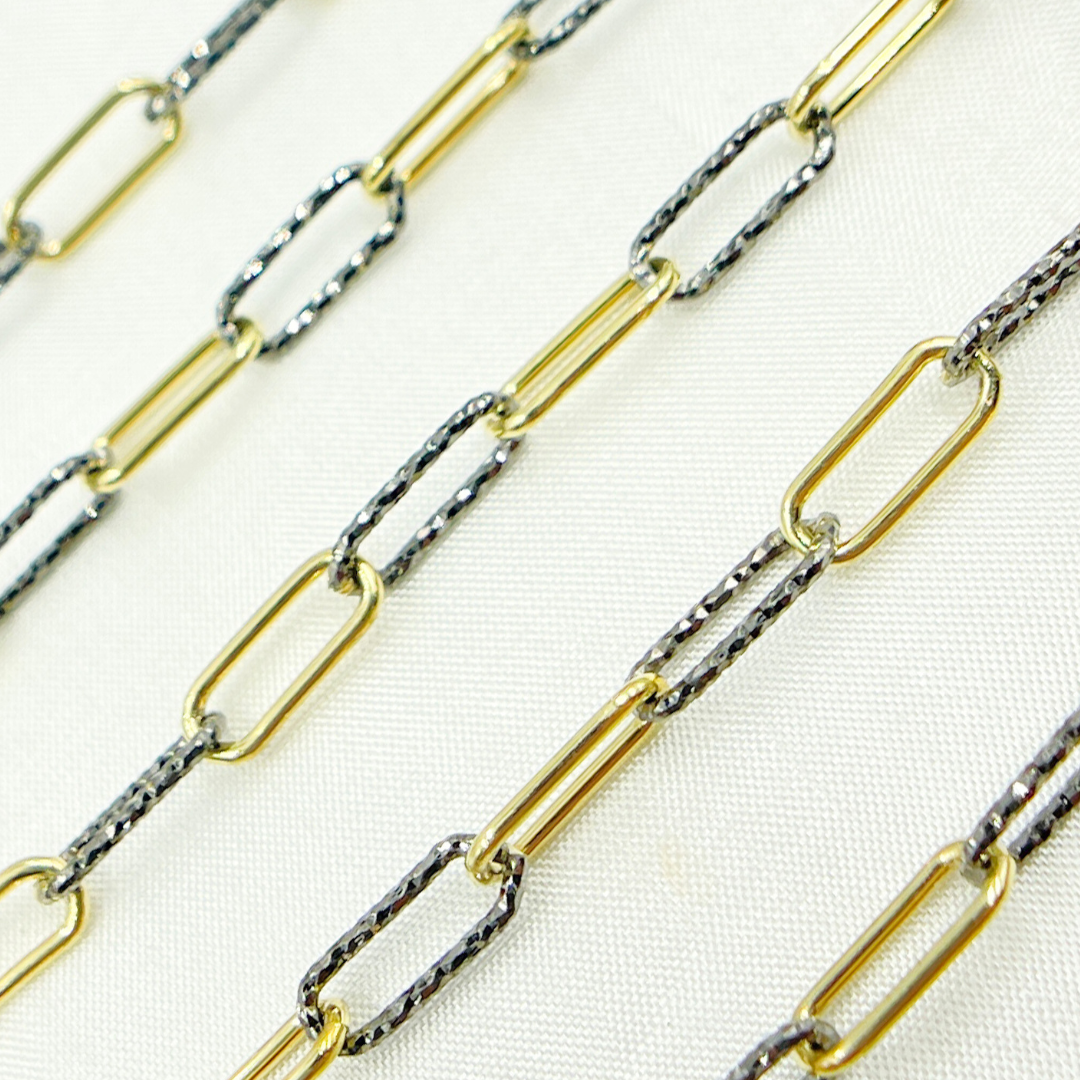 Black Rhodium & Gold Plated 925 Sterling Silver Smooth & Diamond Cut Paperclip Chain