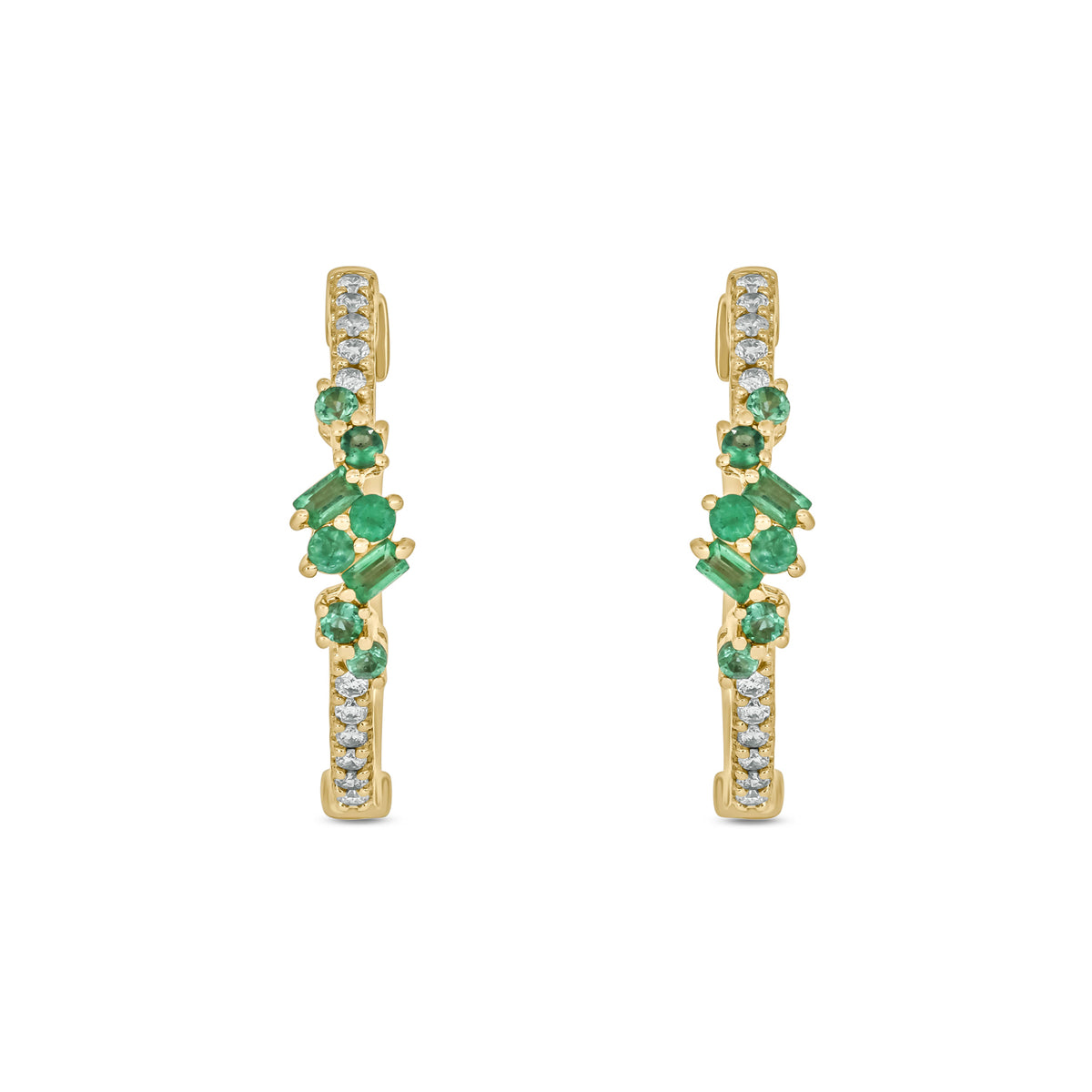 EHC56871EM. 14K Solid Gold Diamond and Emerald Hoops