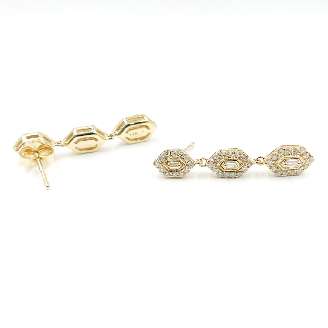 14K Solid Gold and Diamonds 3 Hexagons Dangle Earrings. EFH52033