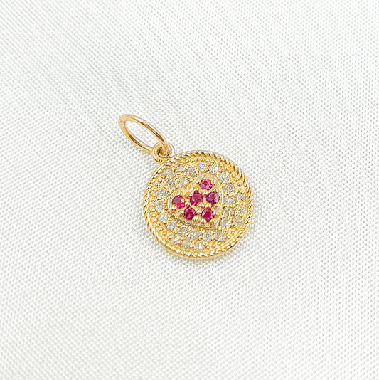 14k Solid Gold Diamond and Gemstone Circle Heart Charm. GDP409