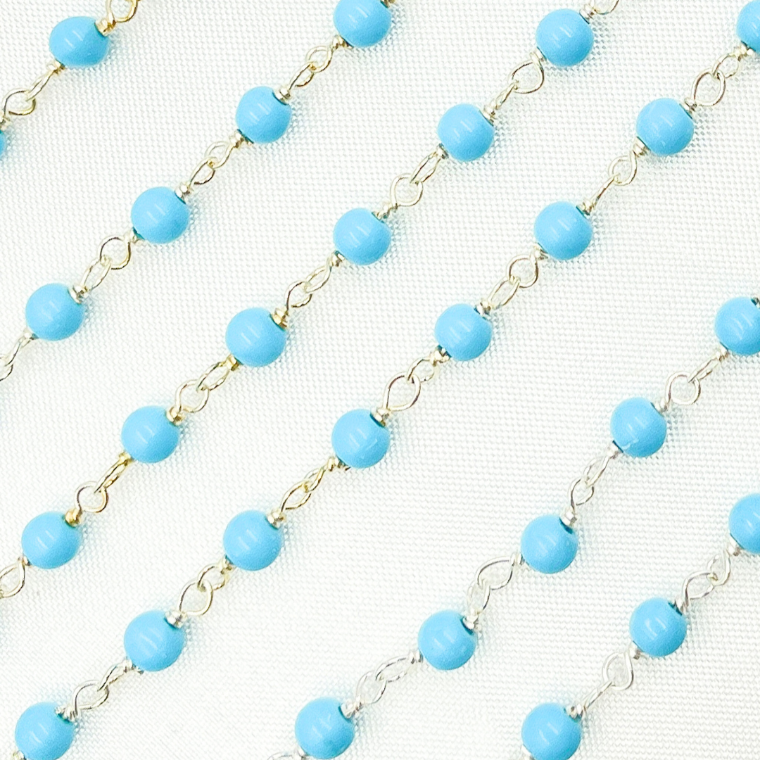 Turquoise Color Smooth Beads 925 Sterling Silver Wire Chain. TRQ39