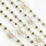 Load image into Gallery viewer, Pyrite & Pearl Gold Plated 925 Sterling Silver Wire Chain. PYR65