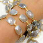 Load image into Gallery viewer, Coated Grey Moonstone Rectangular Shape Bezel Gold Plated Silver Wire Chain. CMS27