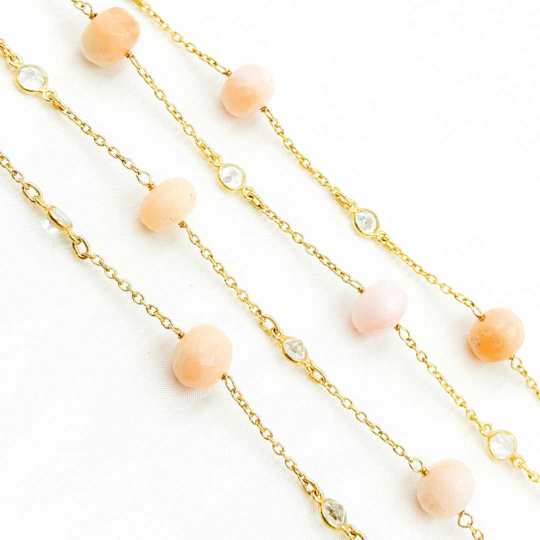 Pink Opal Rondel Shape & White Topaz Gold Plated Connected Wire Chain. POP14
