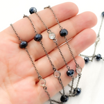Load image into Gallery viewer, Coated Black Spinel Rondel Shape & White Topaz Oxidized Connected Wire Chain.
