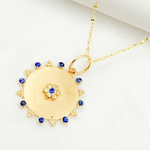Load image into Gallery viewer, 14K Solid Gold Circle Charm with Flower in the Center in Diamond and Gemstones. GDP525