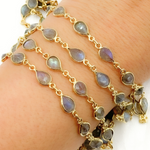 Load image into Gallery viewer, Labradorite Pear Shape Bezel Gold Plated Wire Chain. LAB28
