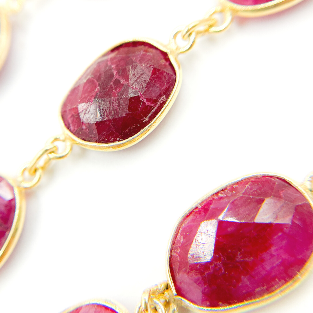 Dyed Ruby Organic Shape Bezel Gold Plated Wire Chain. RUB6
