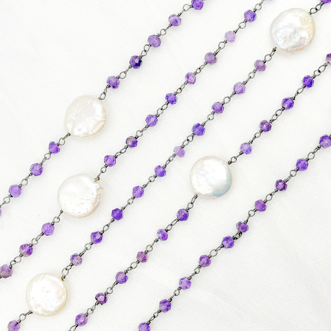 Amethyst & Pearl Round Shape Bezel Oxidized Wire Chain. AME33