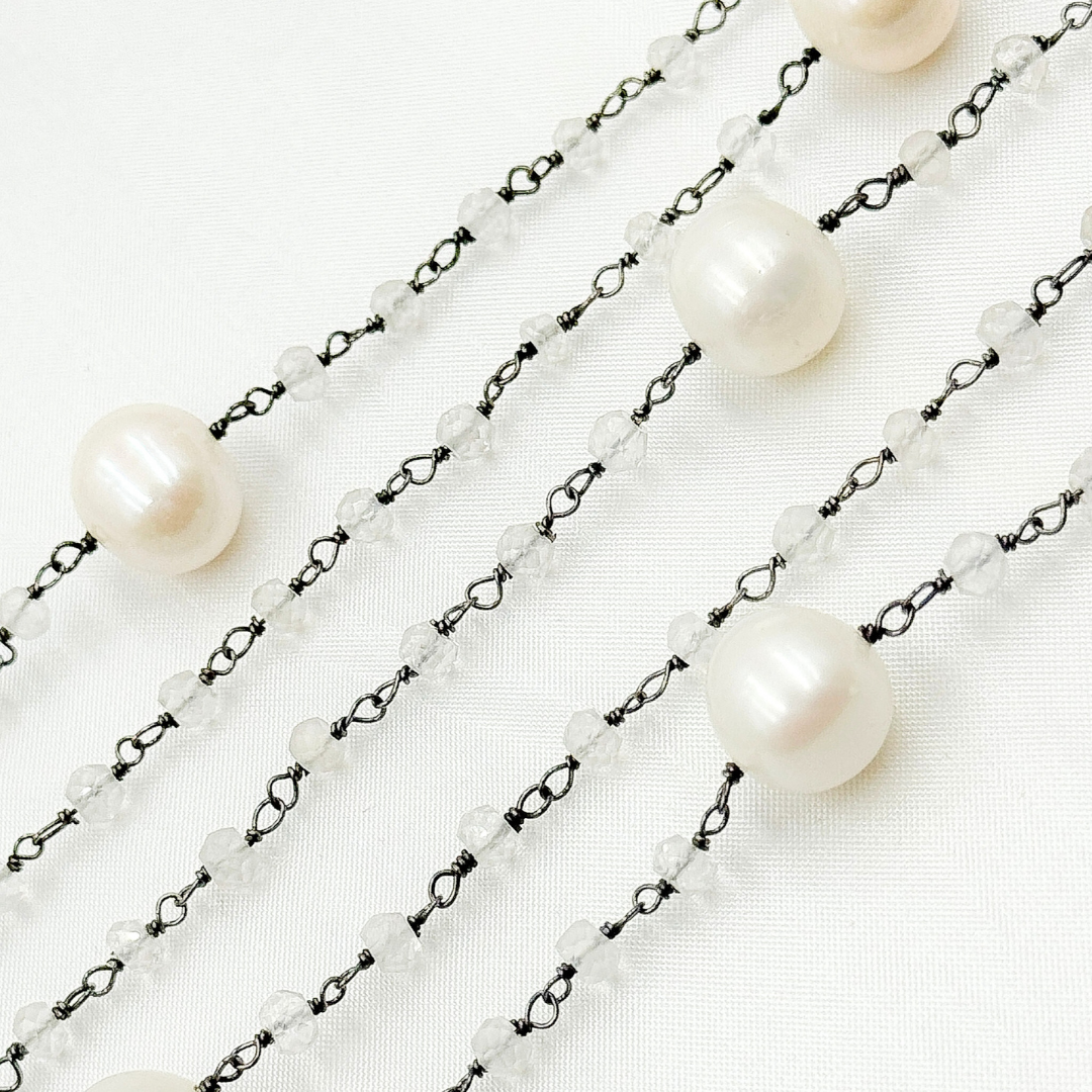 Crystal & Pearl Oxidized 925 Sterling Silver Wire Chain. CR36