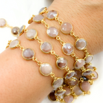 Load image into Gallery viewer, Coated Peach Moonstone Round Shape Bezel Gold Plated Wire Chain. CMS4
