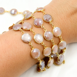 Load image into Gallery viewer, Coated Peach Moonstone Round Shape Bezel Gold Plated Wire Chain. CMS5