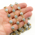 Load image into Gallery viewer, Coated Milky Aquamarine Round Shape Bezel Gold Plated Wire Chain. AQU9