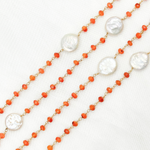 Load image into Gallery viewer, Carnelian &amp; Pearl Round Shape Bezel Gold Plated Wire Chain. CAR11
