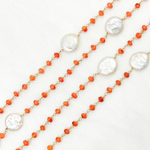 Load image into Gallery viewer, Carnelian & Pearl Round Shape Bezel Gold Plated Wire Chain. CAR11