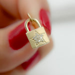 Load image into Gallery viewer, 14K Solid Gold Lock Charm with Diamond Star in the Center. GDP388