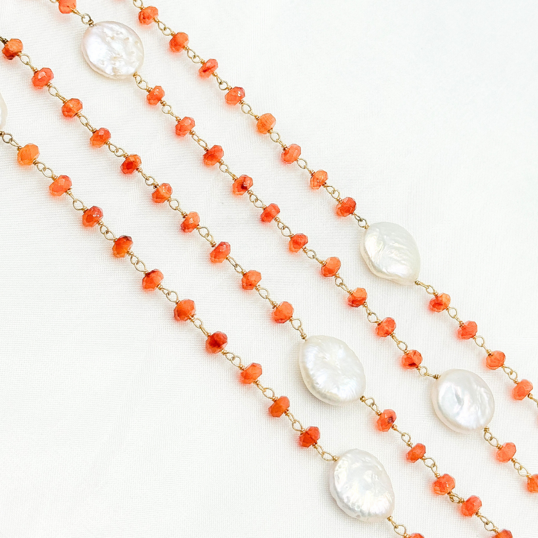 Carnelian & Pearl Round Shape Bezel Gold Plated Wire Chain. CAR11