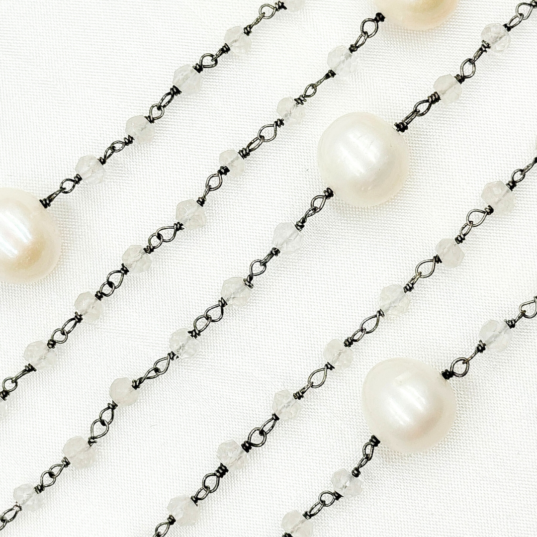 Crystal & Pearl Oxidized 925 Sterling Silver Wire Chain. CR36