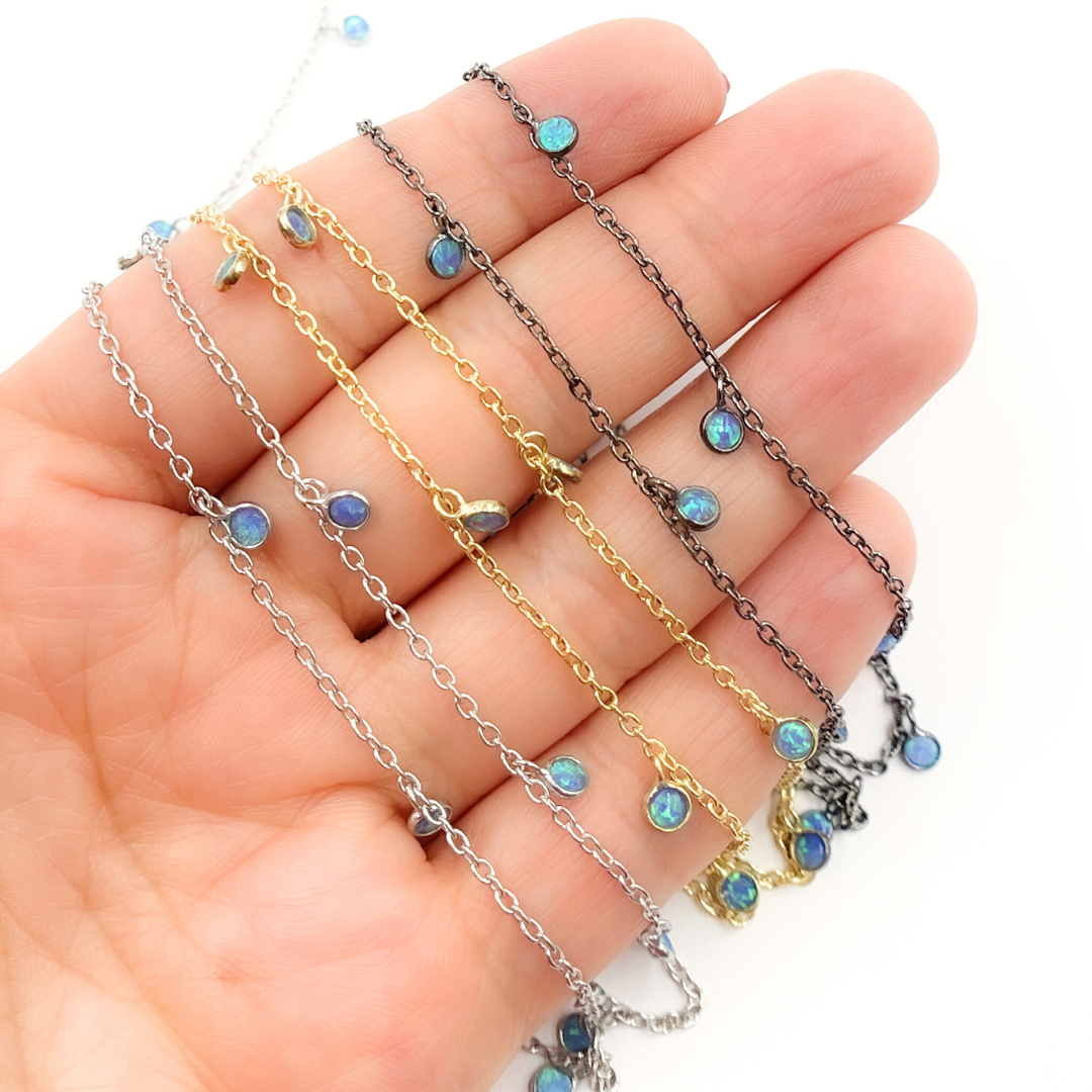 Created Blue Opal Round Shape Dangle Chain. CBO4
