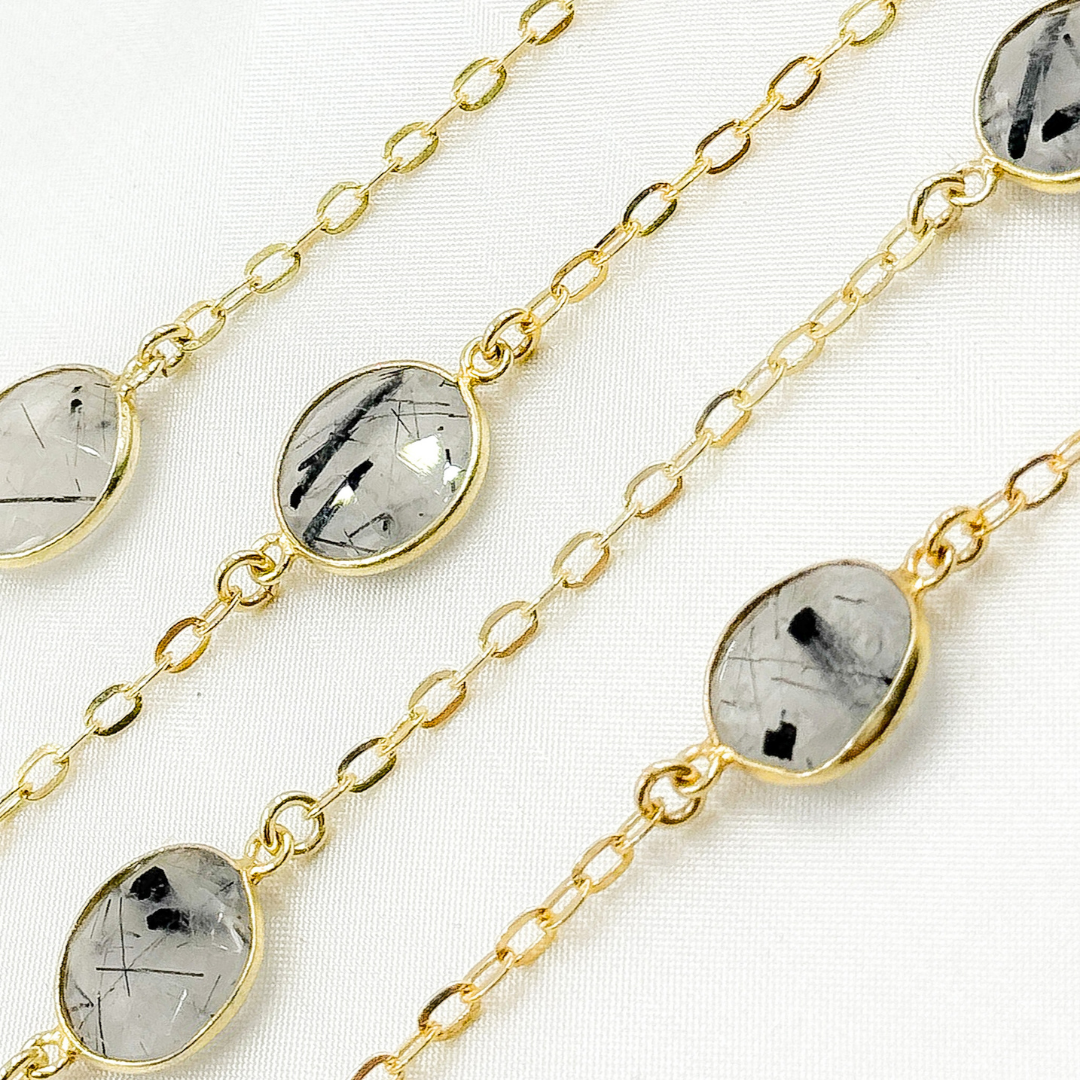 Black Rutile Round Shape Bezel Gold Plated Connected Wire Chain. BRU5