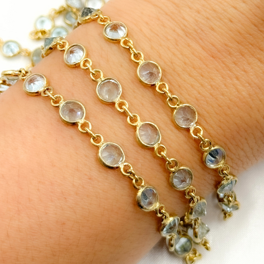 Sky Blue Topaz Round Shape Bezel Gold Plated Wire Chain.
