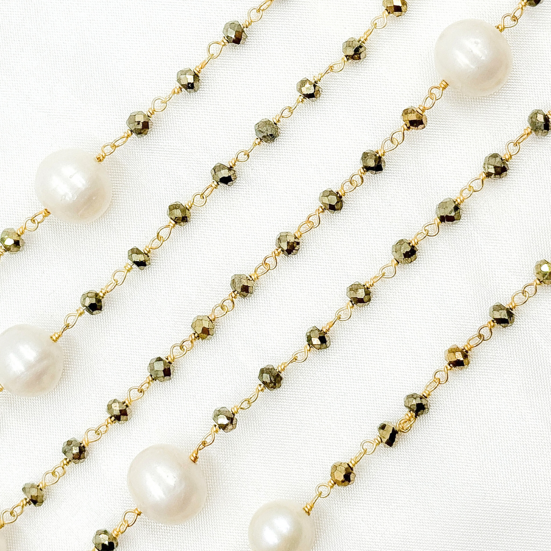 Pyrite & Pearl Gold Plated 925 Sterling Silver Wire Chain. PYR65