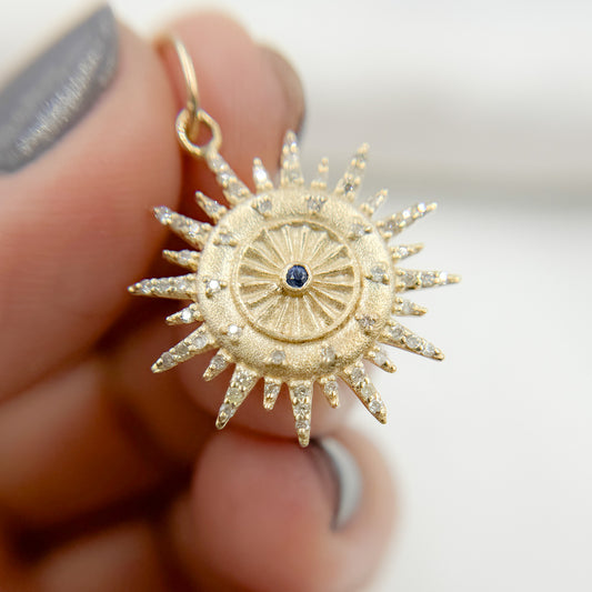 14k Solid Gold Diamond and Gemstone Sun Charm. GDP542
