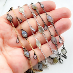 Load image into Gallery viewer, White Moonstone Bezel Set Oval & Pear Shape CZ Dangle Wire Chain. LAB13