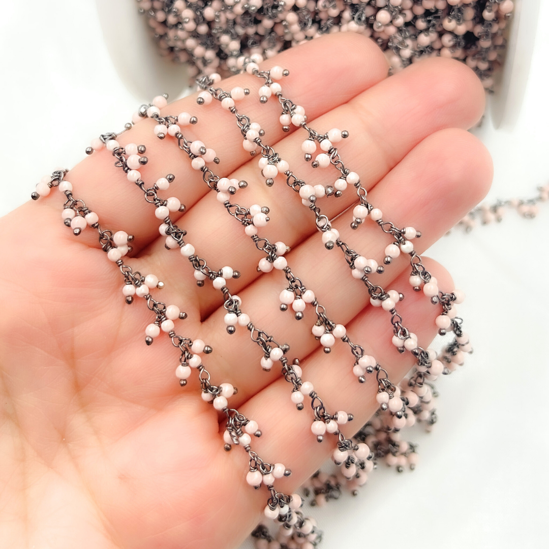 Pink Coral Cluster Dangle Oxidized Wire Chain. COR17