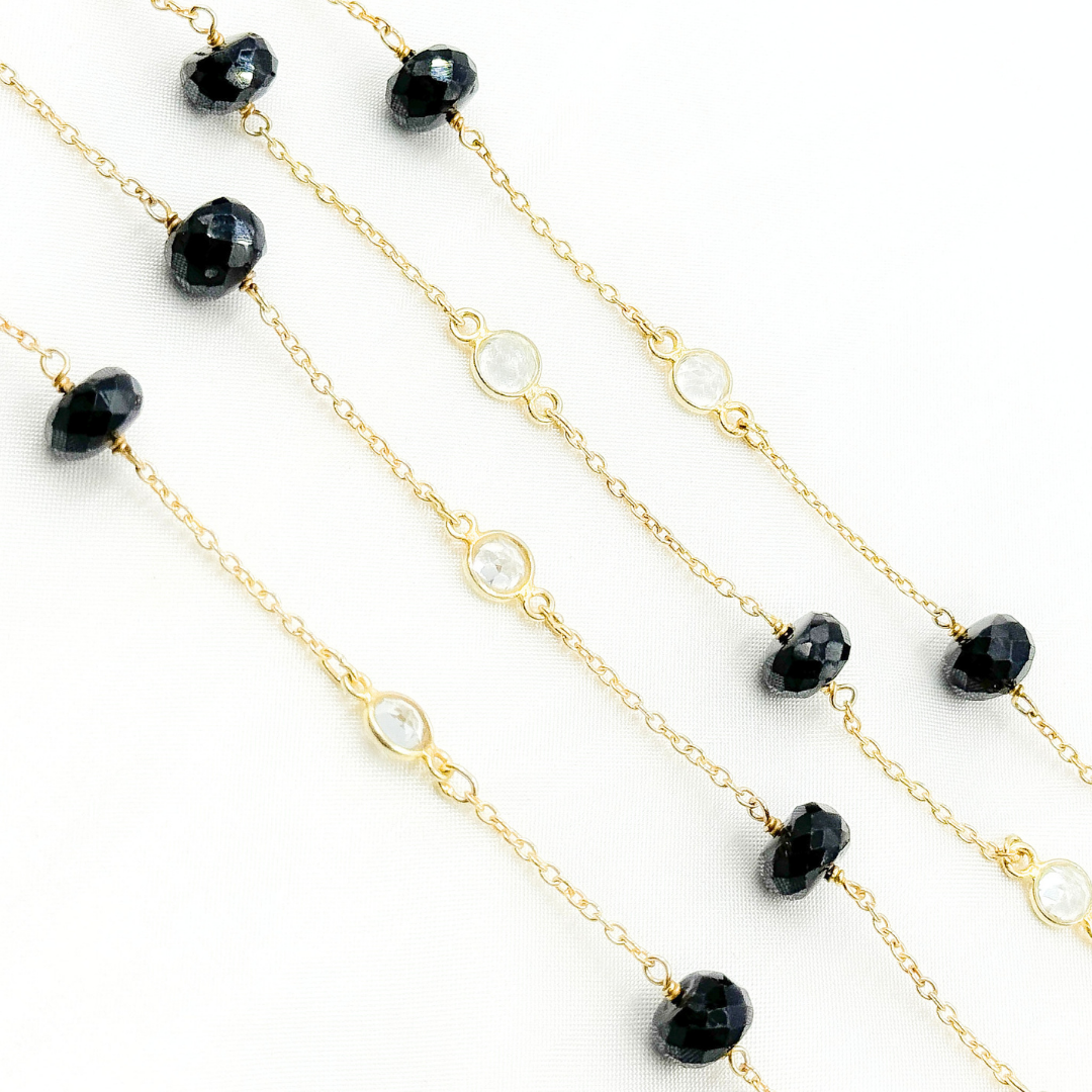 Black Spinel Rondel Shape & White Topaz Gold Plated Connected Wire Chain. BSP28
