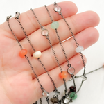 Load image into Gallery viewer, Multi Gemstone Rondel Shape & White Topaz Oxidized Connected Wire Chain.