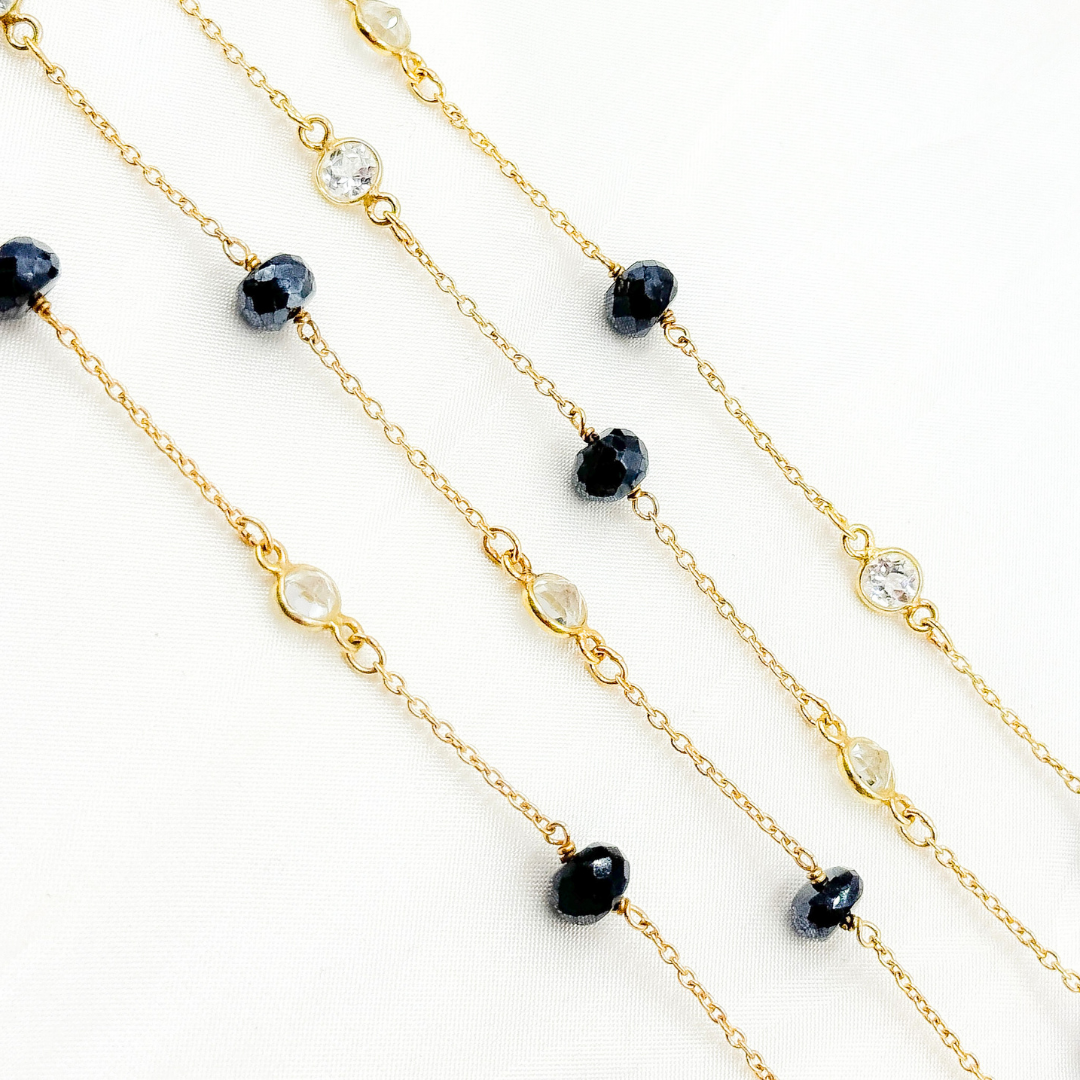 Coated Black Spinel Rondel Shape & White Topaz Gold Plated Connected Wire Chain. CBS21