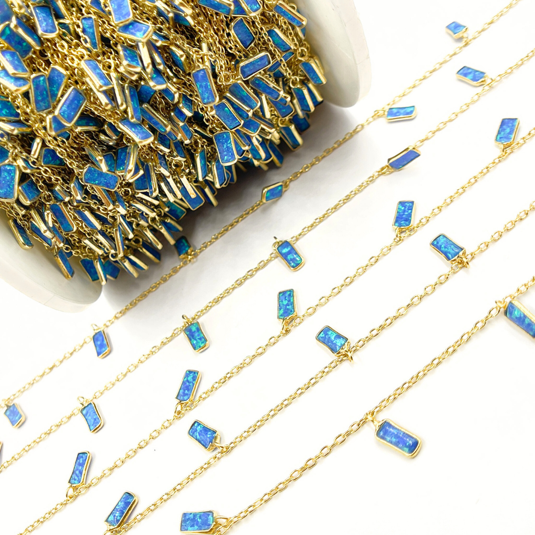 Created Blue Opal Rectangular Shape Dangle Chain. CBO6