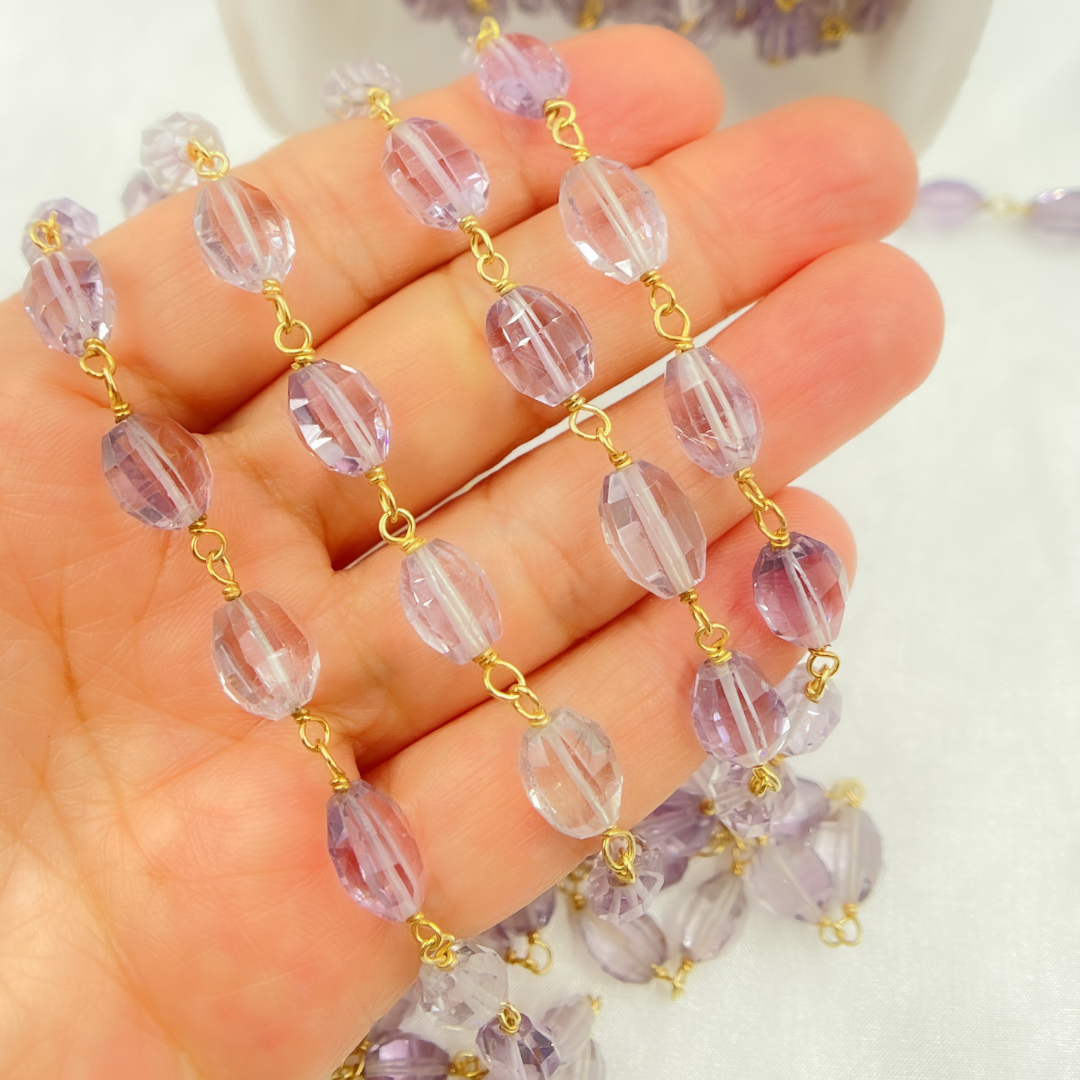 Pink Amethyst Oval Gold Plated Wire Chain. AME11