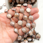 Load image into Gallery viewer, Coated Peach Moonstone Round Shape Bezel Oxidized Wire Chain. CMS111