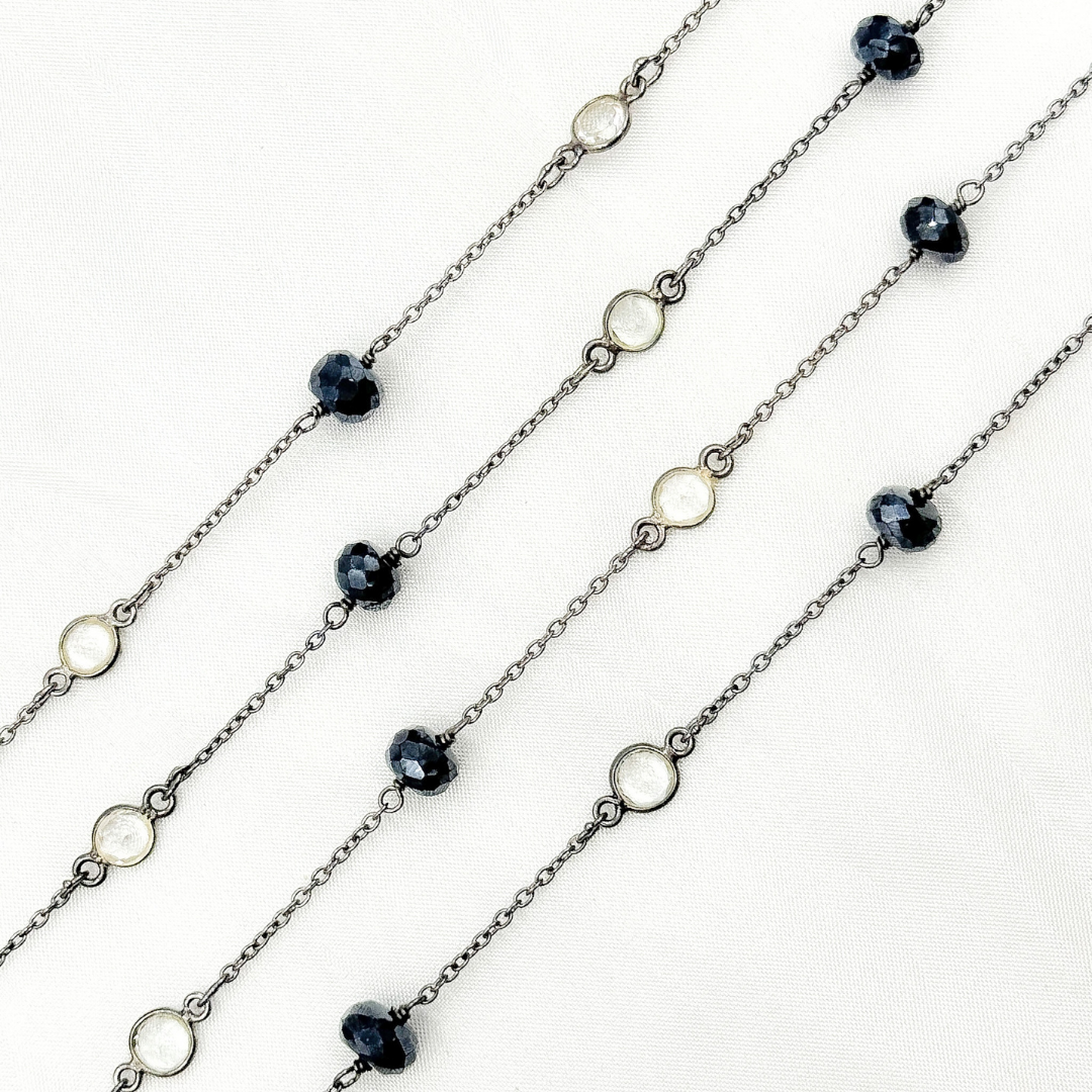 Coated Black Spinel Rondel Shape & White Topaz Oxidized Connected Wire Chain. CBS6
