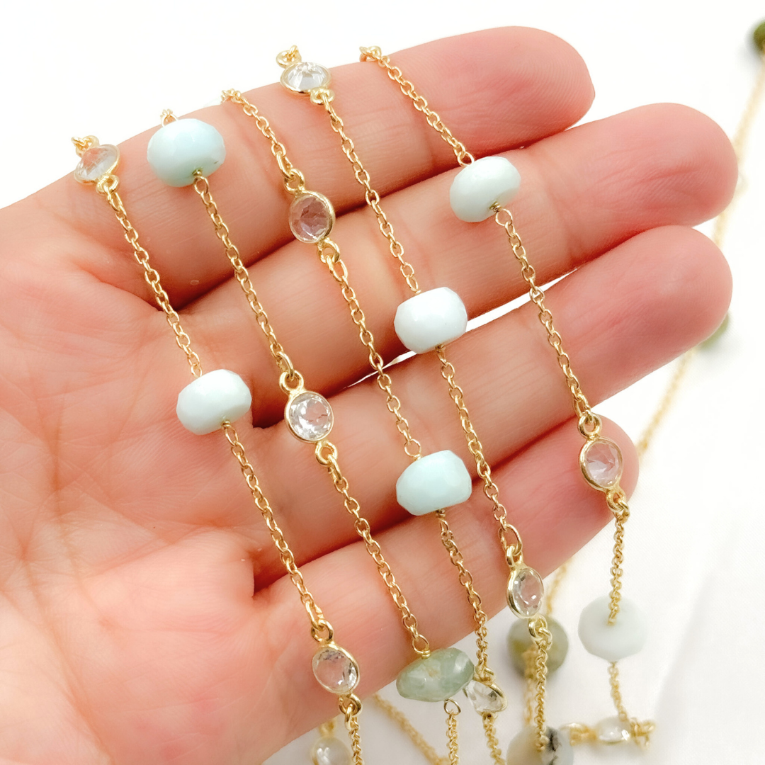 Peruvian Opal Rondel Shape & White Topaz Gold Plated Connected Wire Chain. PO2