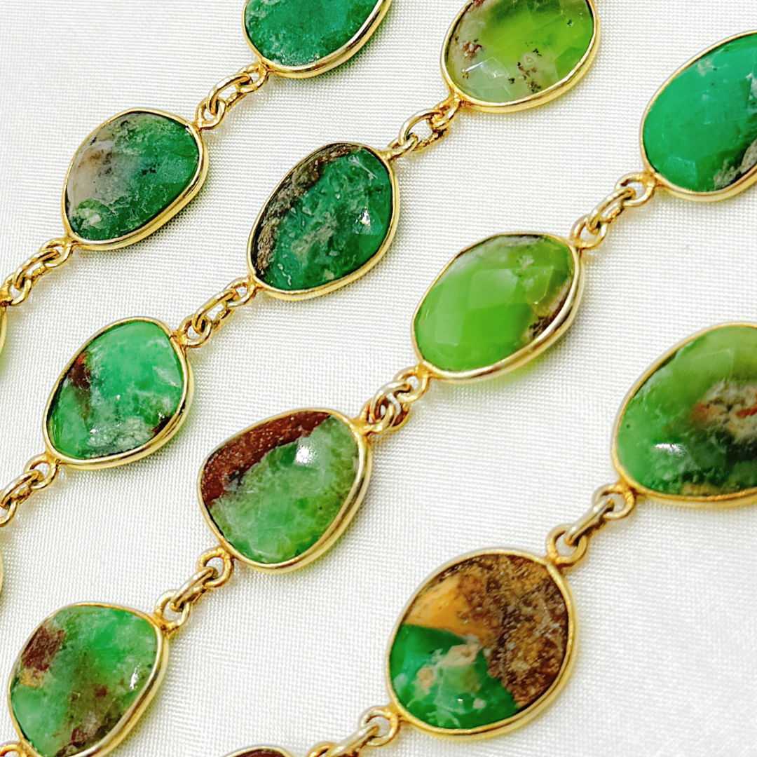 Chrysoprase Organic Shape Bezel Gold Plated Wire Chain. CHR31