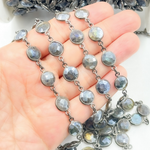 Load image into Gallery viewer, Coated Labradorite Round Shape Bezel Oxidized Wire Chain. CLB10
