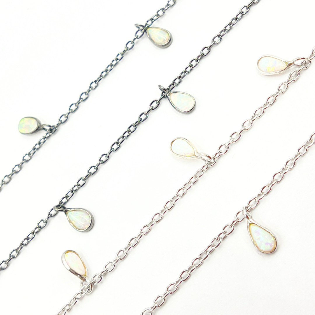 Created White Opal Tear Drop Shape Dangle Chain. CWO6