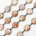 Load image into Gallery viewer, Coated Peach Moonstone Round Shape Bezel Oxidized Wire Chain. CMS111