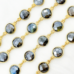 Load image into Gallery viewer, Coated Labradorite Round Shape Bezel Gold Plated Wire Chain. LAB113