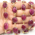 Load image into Gallery viewer, Dyed Ruby Organic Shape Bezel Gold Plated Wire Chain. RUB6
