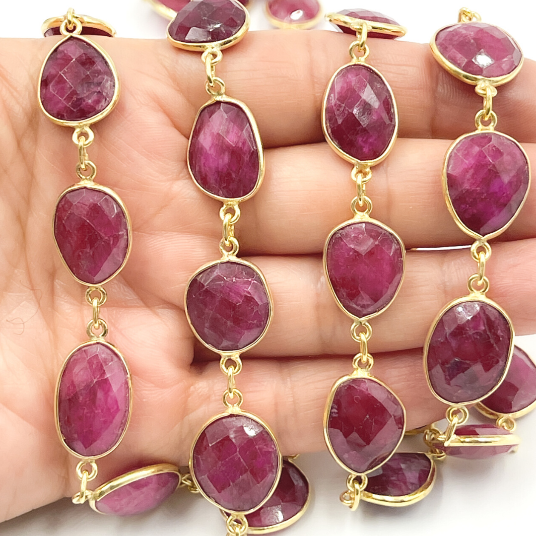 Dyed Ruby Organic Shape Bezel Gold Plated Wire Chain. RUB6