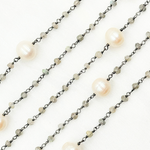 Load image into Gallery viewer, Labradorite & Pearl Oxidized 925 Sterling Silver Wire Chain. PRL12